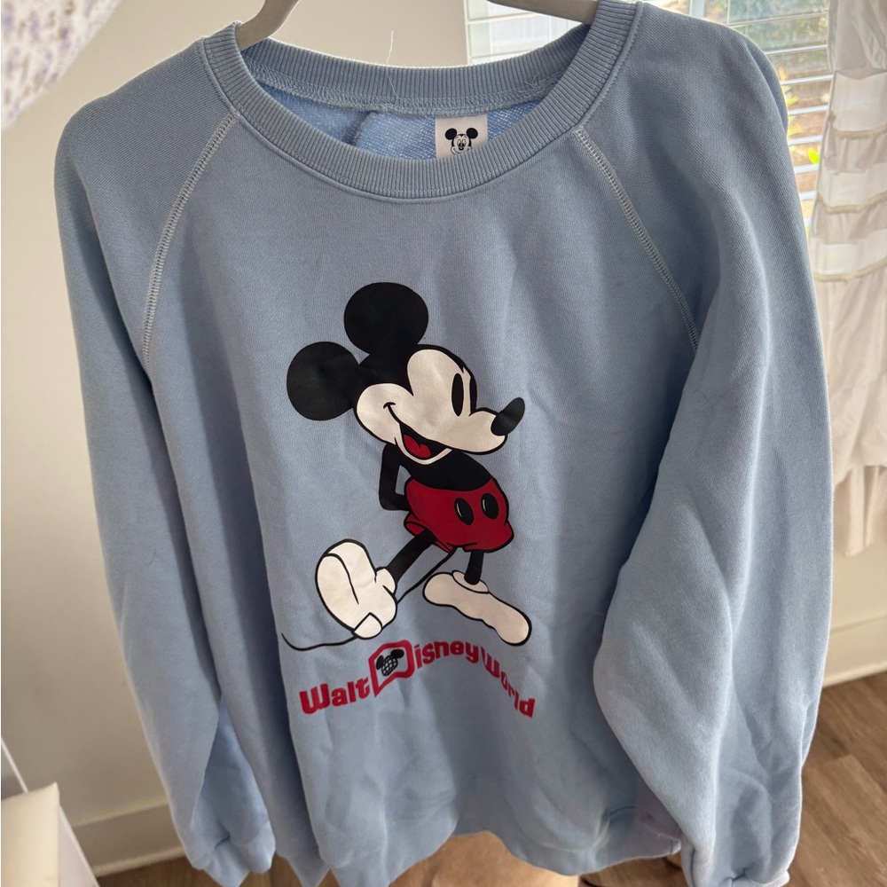 Disney Light Blue Mickey Mouse Graphic Sweatshirt with Red Accents